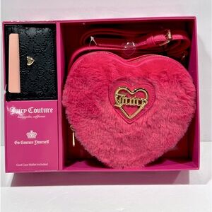 Juicy Couture Free Love Hot Pink Heart Crossbody & Card Case Gift Set